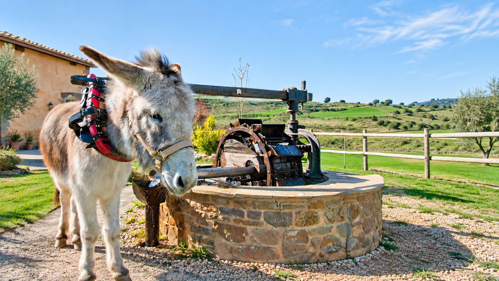 Platero junto al antiguo pozo del Ecomuseo Valdorba