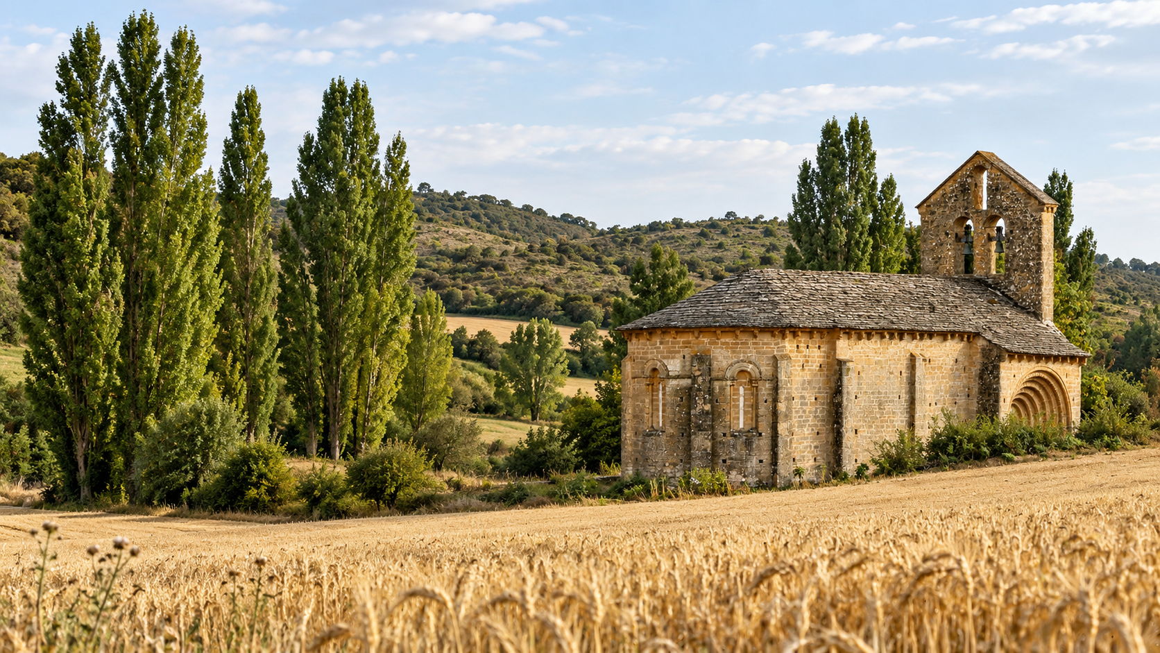 Paisaje de la Valdorba con campos y patrimonio románico