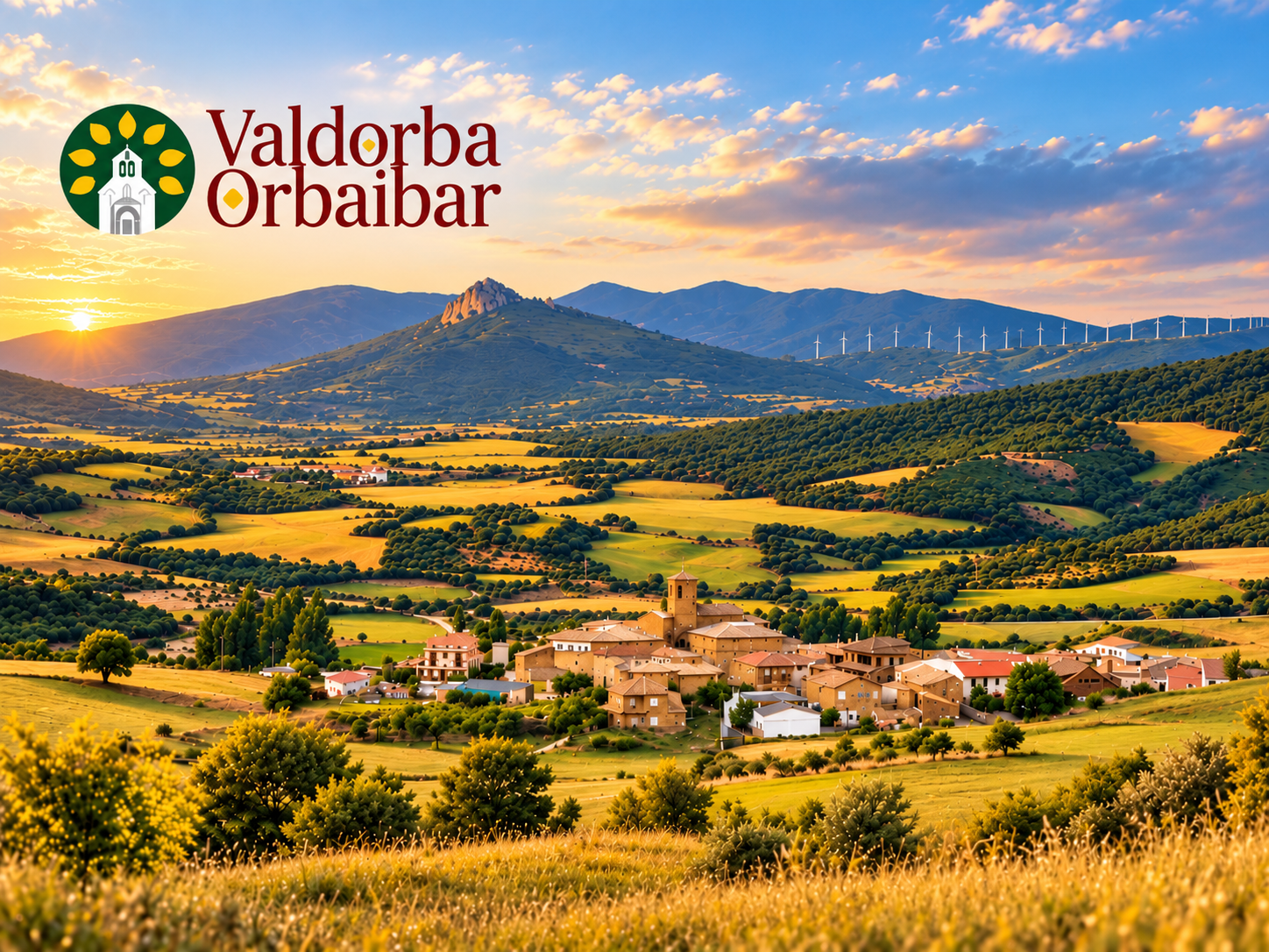 Paisaje de la Valdorba con el logotipo de Valdorba Orbaibar