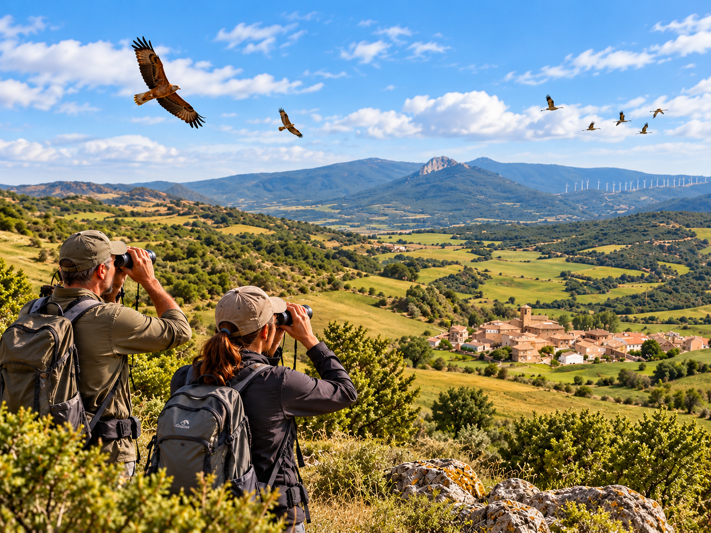 Observadores de aves con prismáticos en un paisaje rural de Navarra
