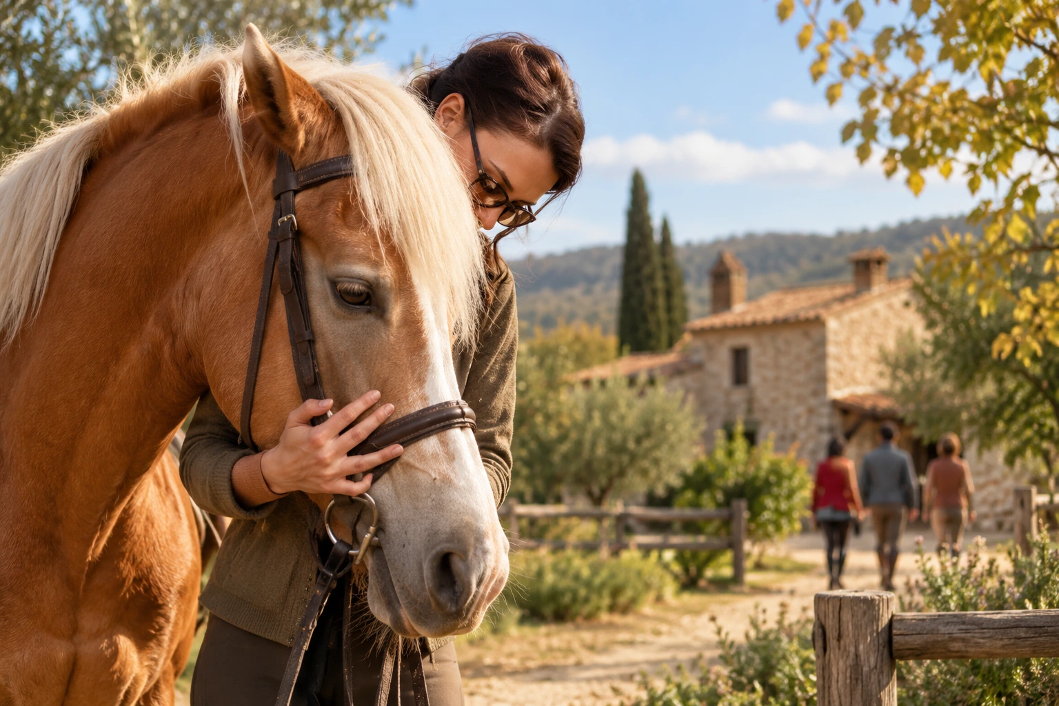 Mujer junto a un caballo en un entorno rural