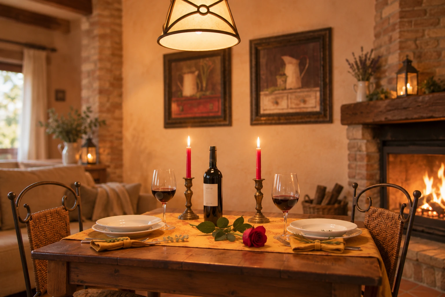 Mesa preparada para dos junto a una chimenea encendida