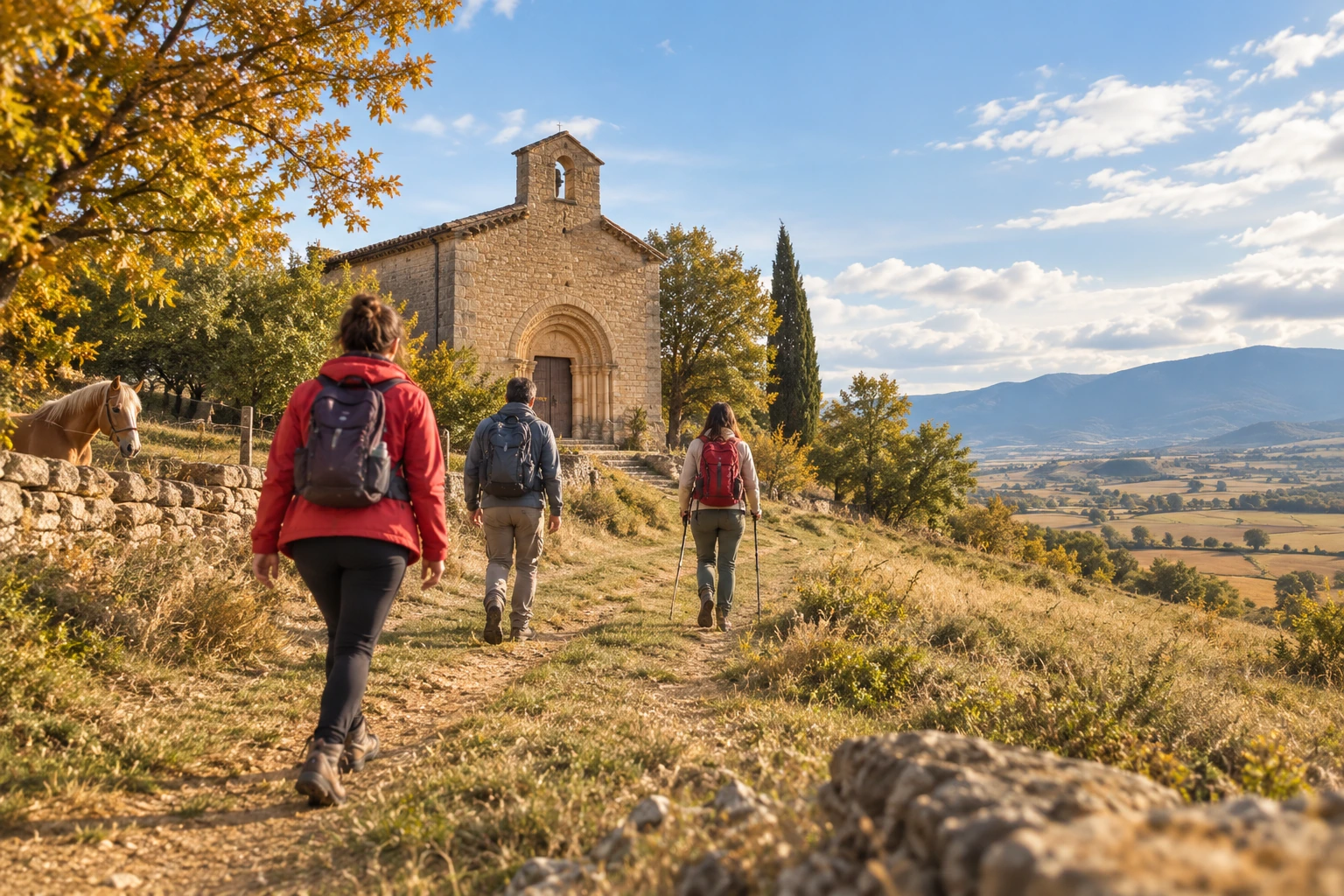 Senderistas recorriendo un camino rural junto a una iglesia románica