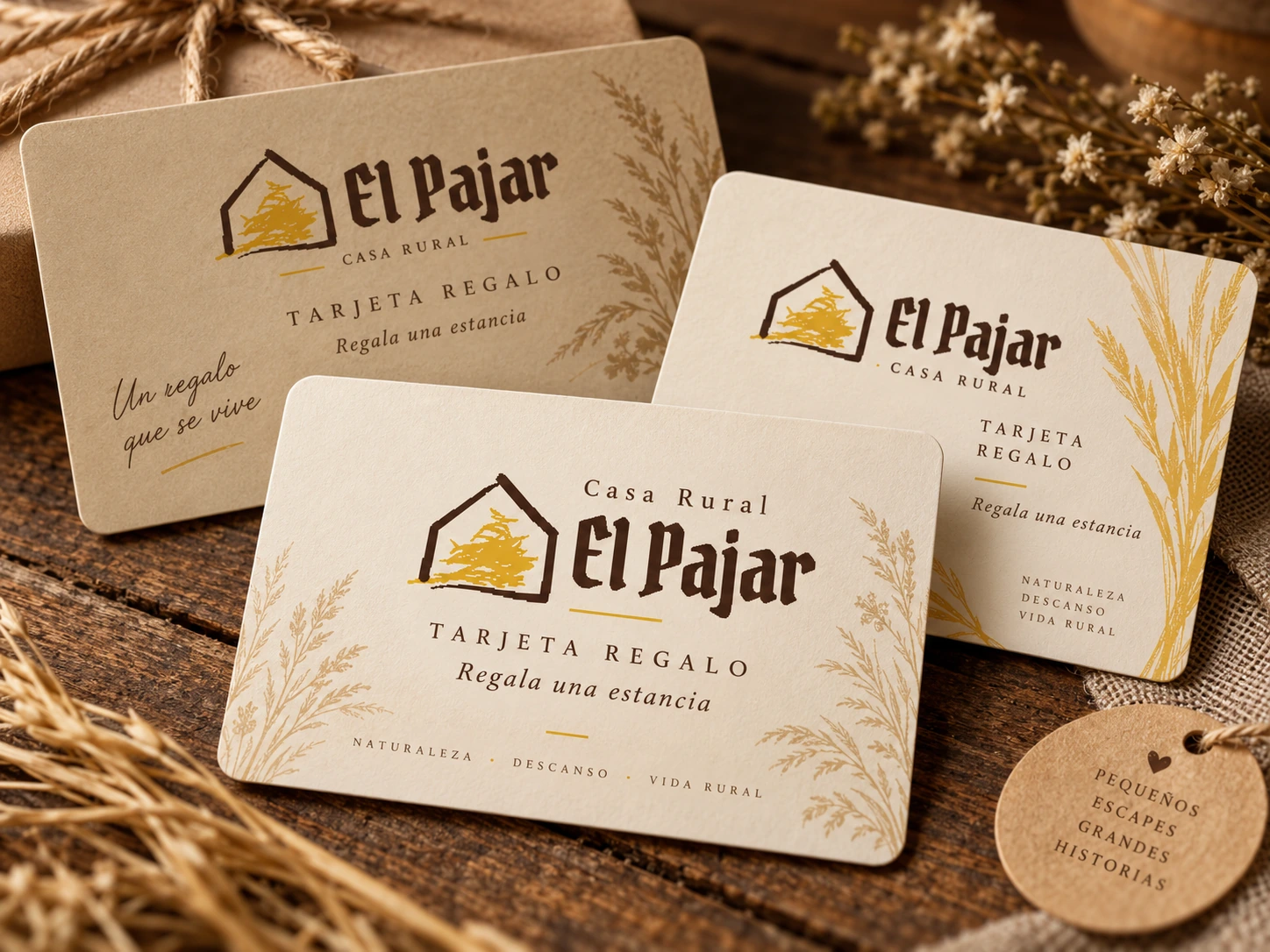 Tarjetas regalo de Casa Rural El Pajar en tonos crema, marrón y dorado